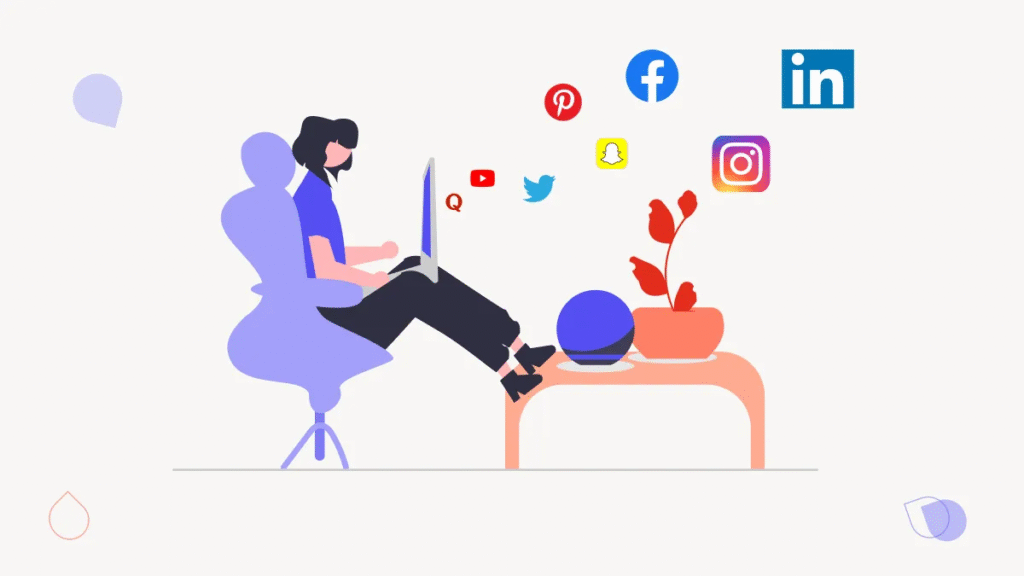 Image featuring icons of popular social media platforms like Facebook, Instagram, Twitter, LinkedIn, and TikTok with engagement metrics like likes, shares, and comments
