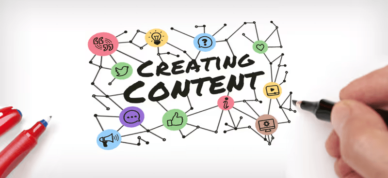 Visual showing blog posts, videos, infographics, and social media content connected by a digital network.

