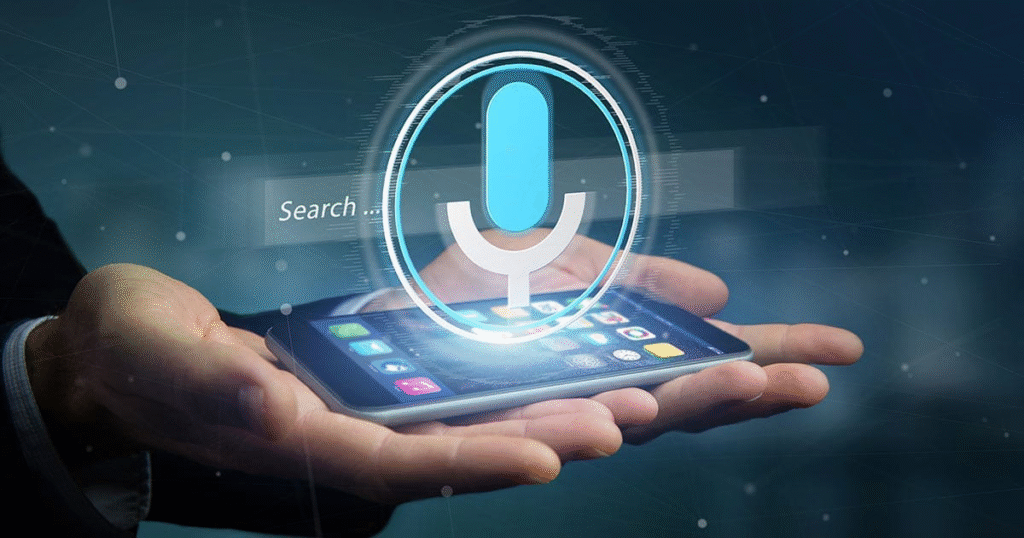 Illustration of a voice assistant icon with sound waves and a user speaking into a smartphone or smart speaker.

